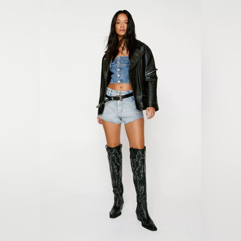 Real Leather Embroidered Over The Knee Cowboy Boots
